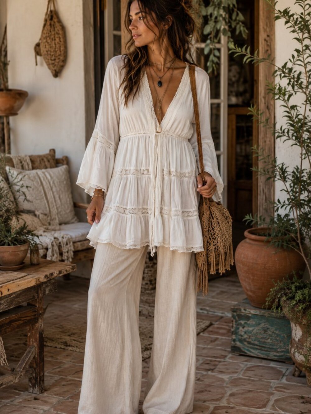 Crochet Lace Tiered Lace Tunic Bell Sleeve Boho 70s Hippie Festival Prairie XS
